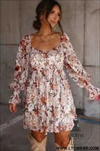 White Floral Print Sweetheart Neck Long Sleeve High Waist Mini Dress