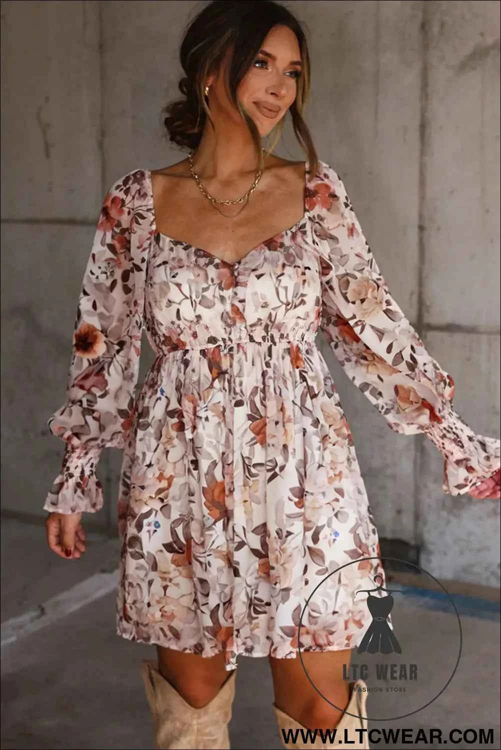 White Floral Print Sweetheart Neck Long Sleeve High Waist Mini Dress