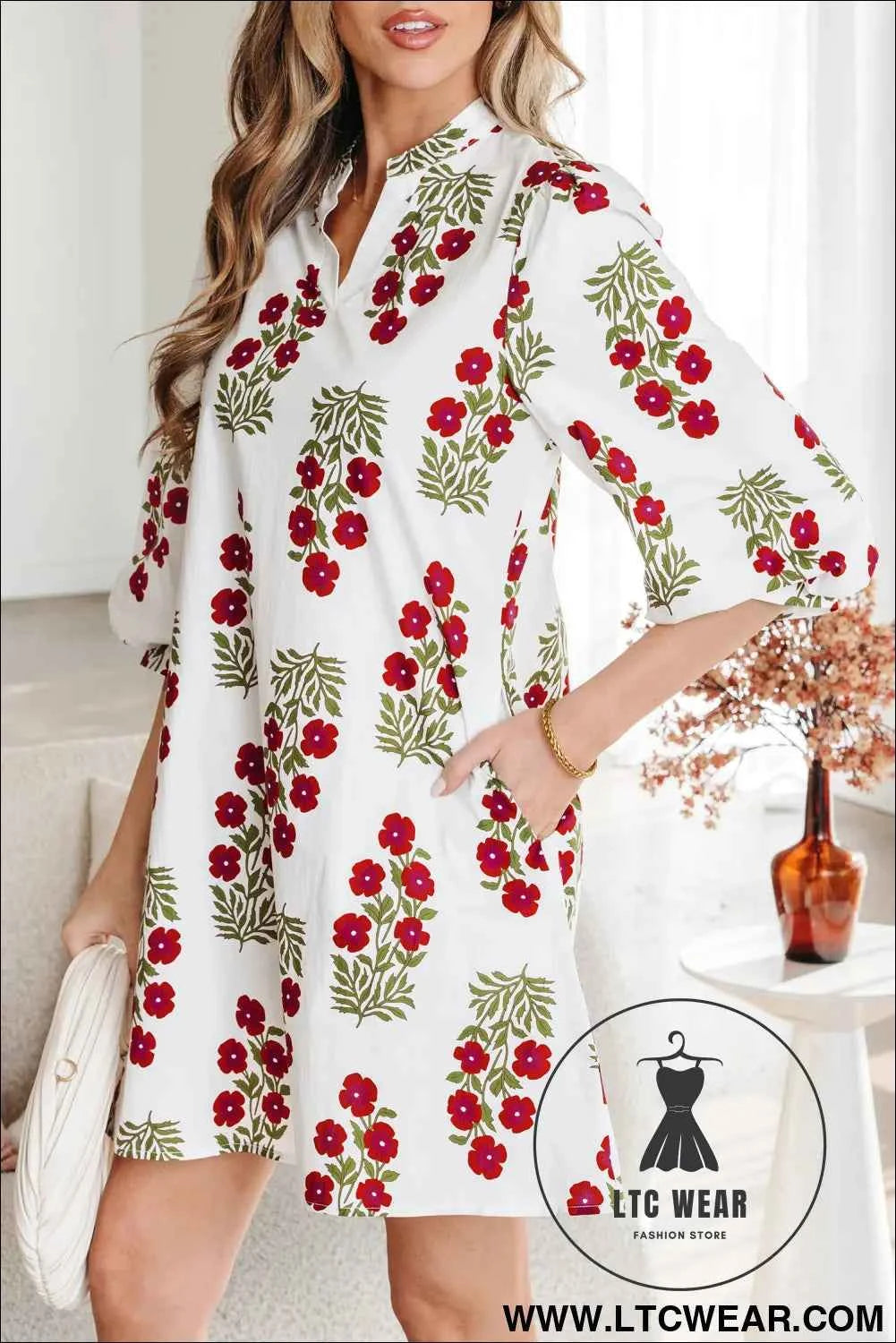 White Floral Print 3/4 Sleeve Loose Mini Dress
