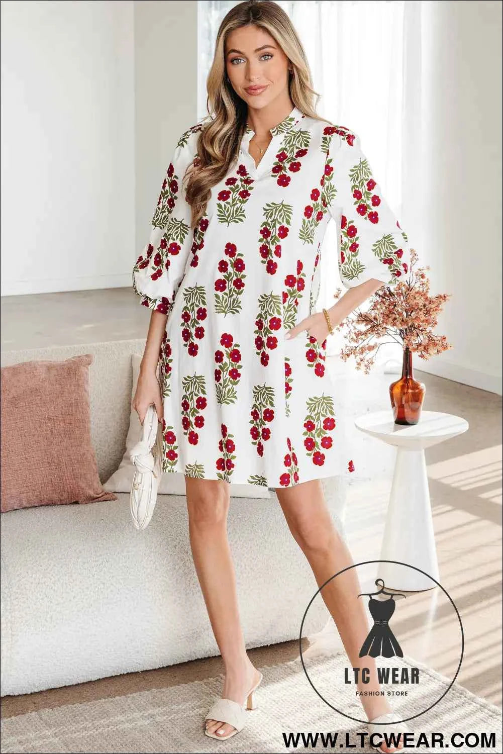 White Floral Print 3/4 Sleeve Loose Mini Dress