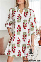 White Floral Print 3/4 Sleeve Loose Mini Dress