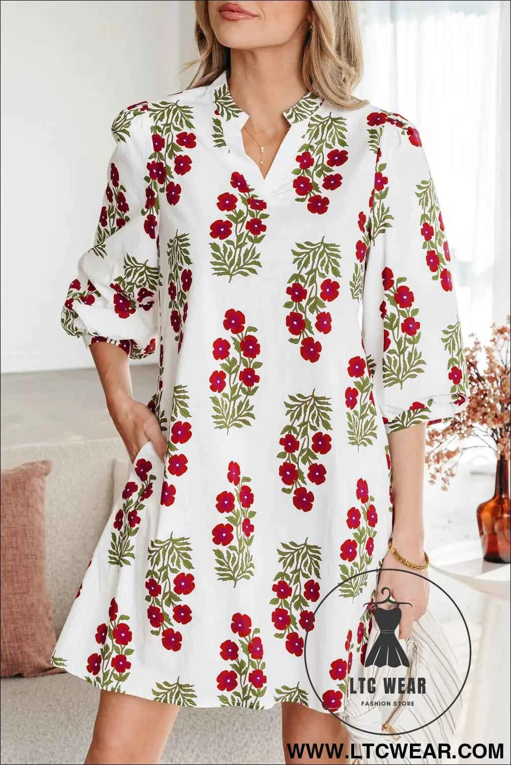 White Floral Print 3/4 Sleeve Loose Mini Dress