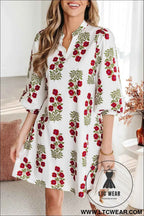 White Floral Print 3/4 Sleeve Loose Mini Dress
