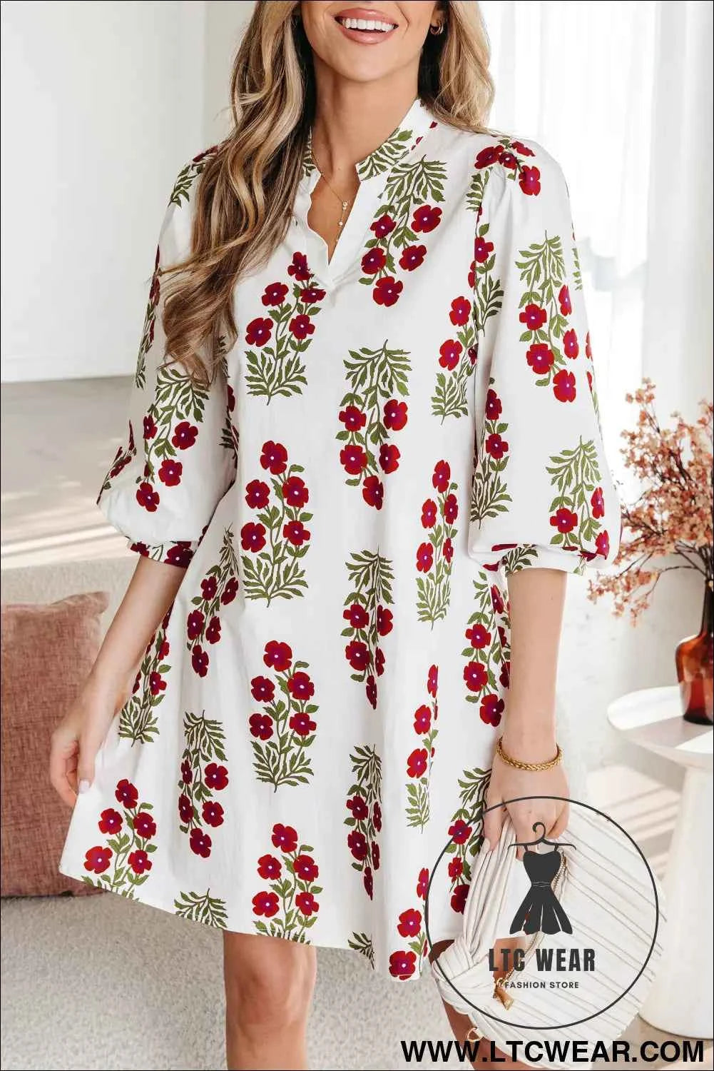 White Floral Print 3/4 Sleeve Loose Mini Dress