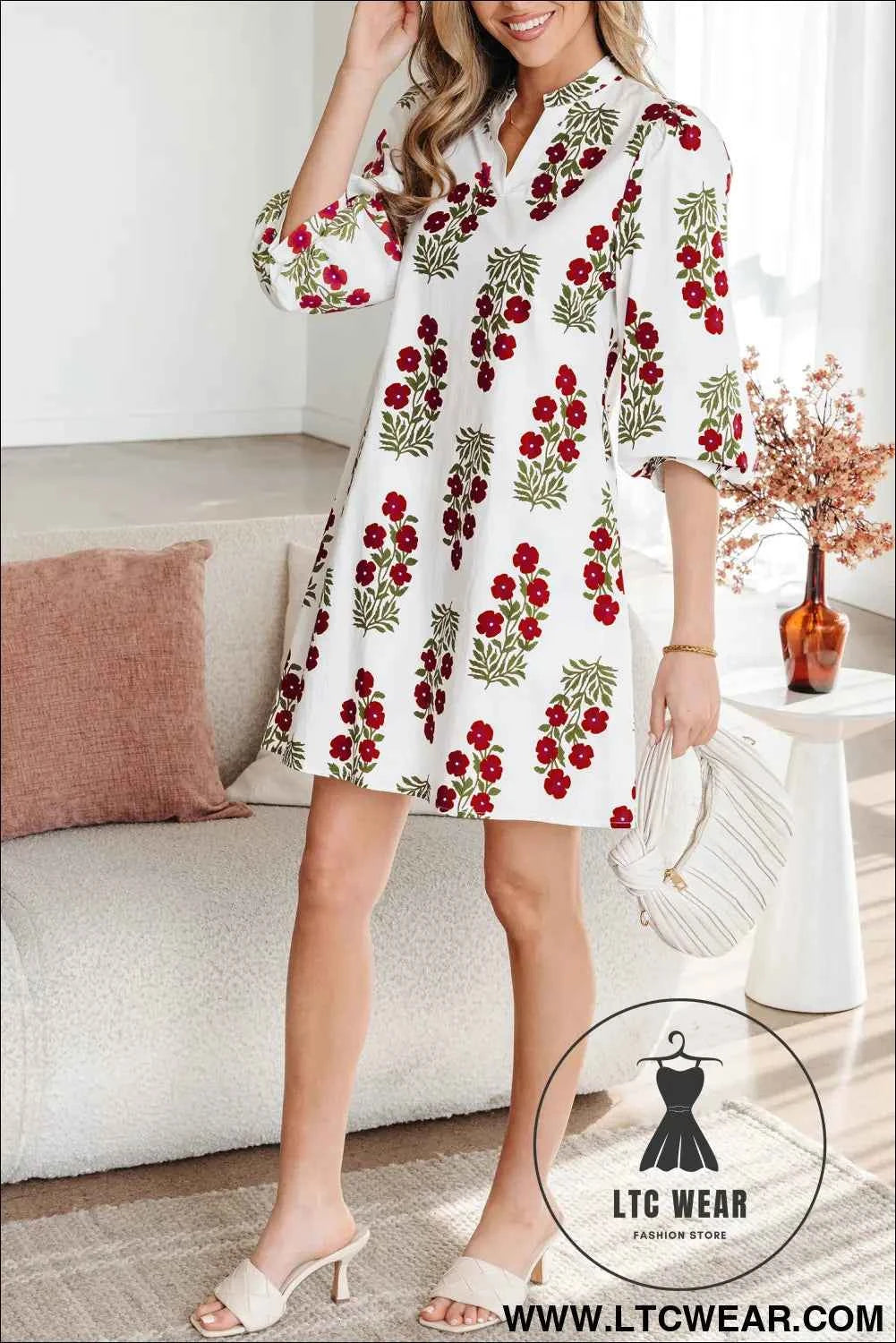 White Floral Print 3/4 Sleeve Loose Mini Dress