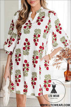White Floral Print 3/4 Sleeve Loose Mini Dress