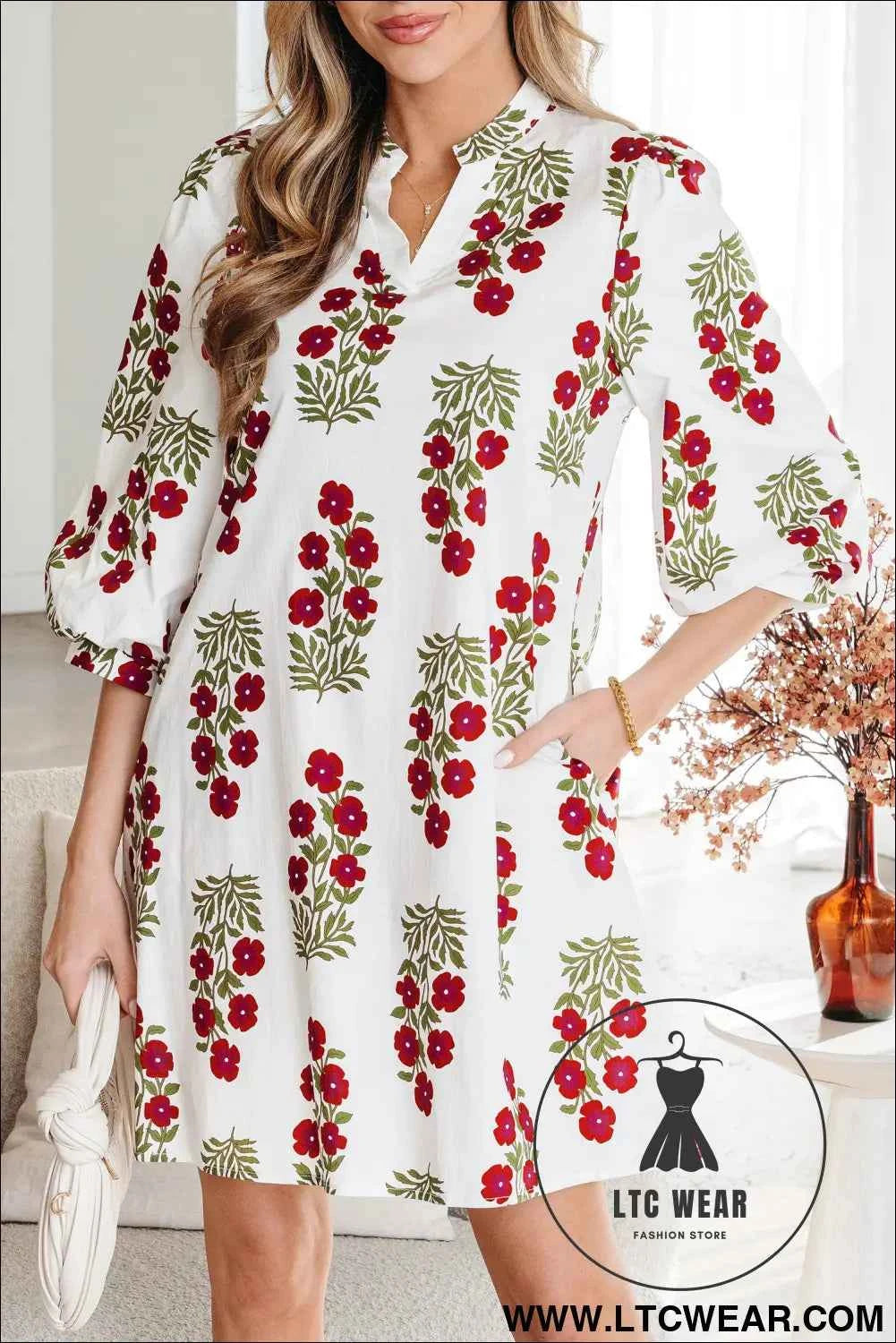 White Floral Print 3/4 Sleeve Loose Mini Dress