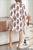 White Floral Print 3/4 Sleeve Loose Mini Dress