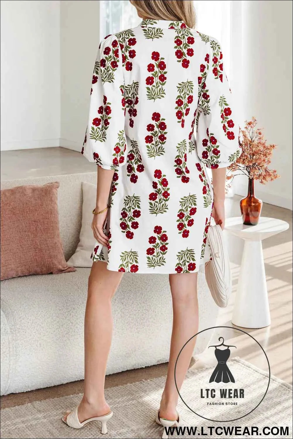 White Floral Print 3/4 Sleeve Loose Mini Dress