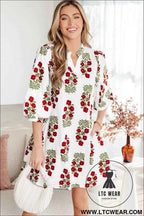 White Floral Print 3/4 Sleeve Loose Mini Dress