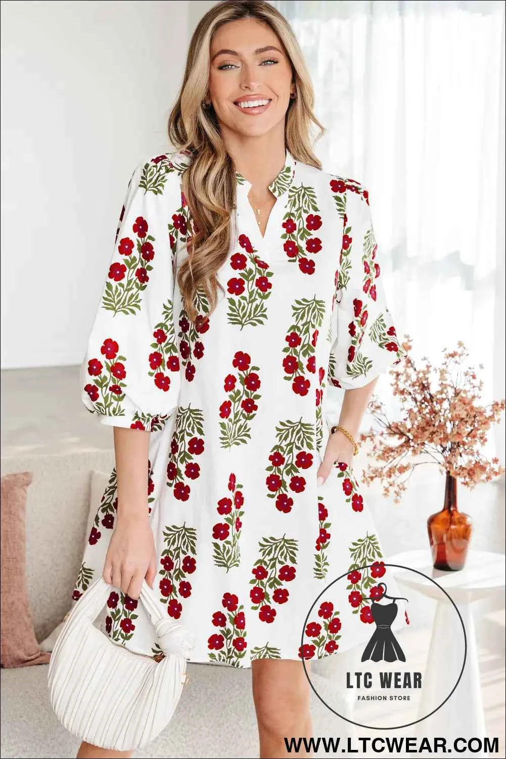White Floral Print 3/4 Sleeve Loose Mini Dress