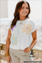 White flower patch knit round neck tee - tops & tees