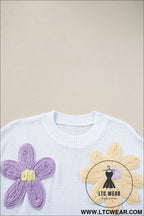 White flower patch knit round neck tee - tops & tees