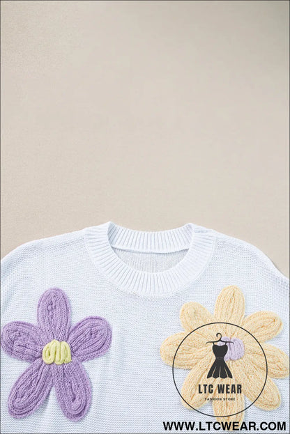 White flower patch knit round neck tee - tops & tees