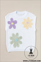 White flower patch knit round neck tee - tops & tees