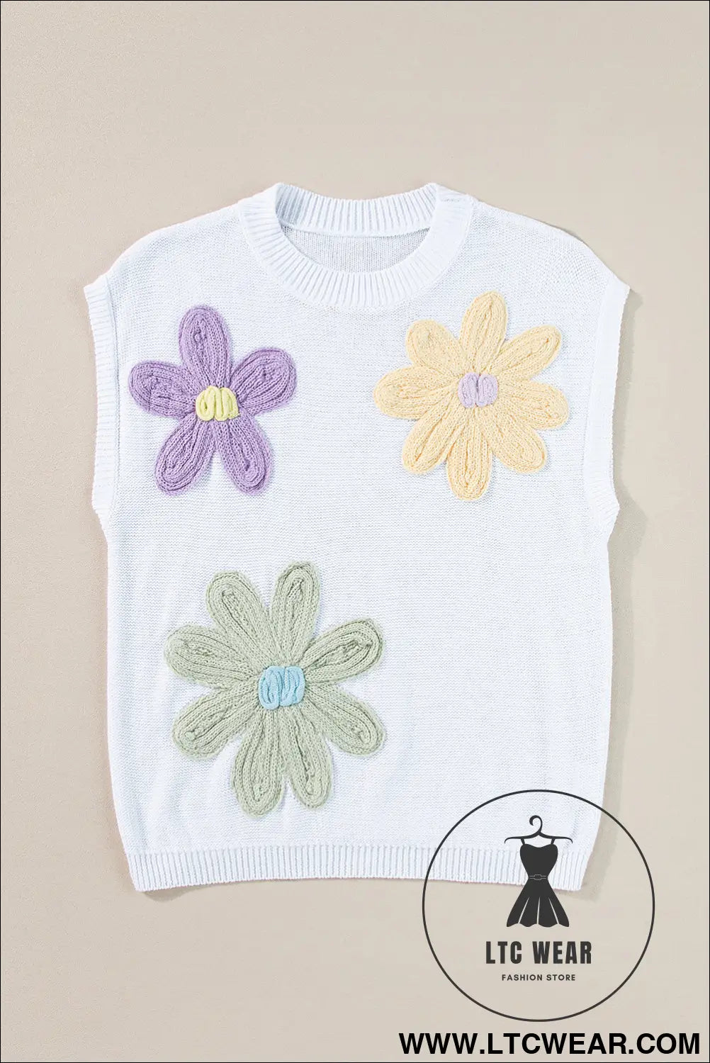 White flower patch knit round neck tee - tops & tees
