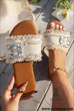 White frayed wide band rhinestone buckle detail slippers - white / 37 / 100% polyester + 100% tpr - slippers