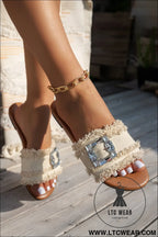 White frayed wide band rhinestone buckle detail slippers - slippers
