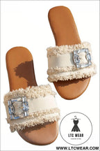 White frayed wide band rhinestone buckle detail slippers - slippers