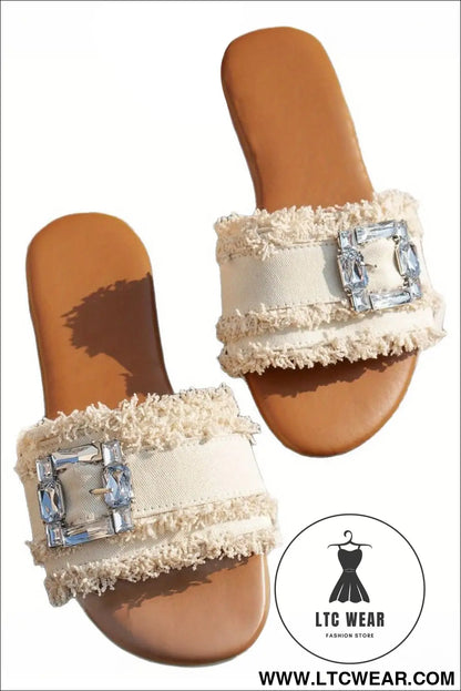 White frayed wide band rhinestone buckle detail slippers - slippers