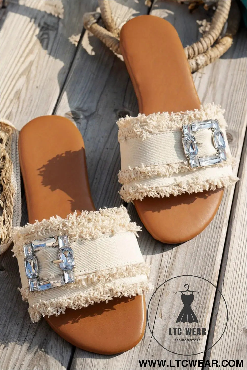 White frayed wide band rhinestone buckle detail slippers - slippers