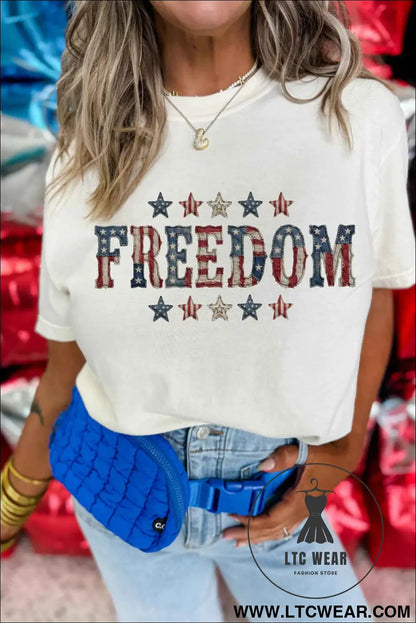 White FREEDOM Patriotic Letter Print Crew Neck T Shirt