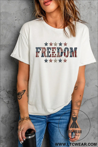 White FREEDOM Patriotic Letter Print Crew Neck T Shirt - L.T.C Wear Online Fashion Store