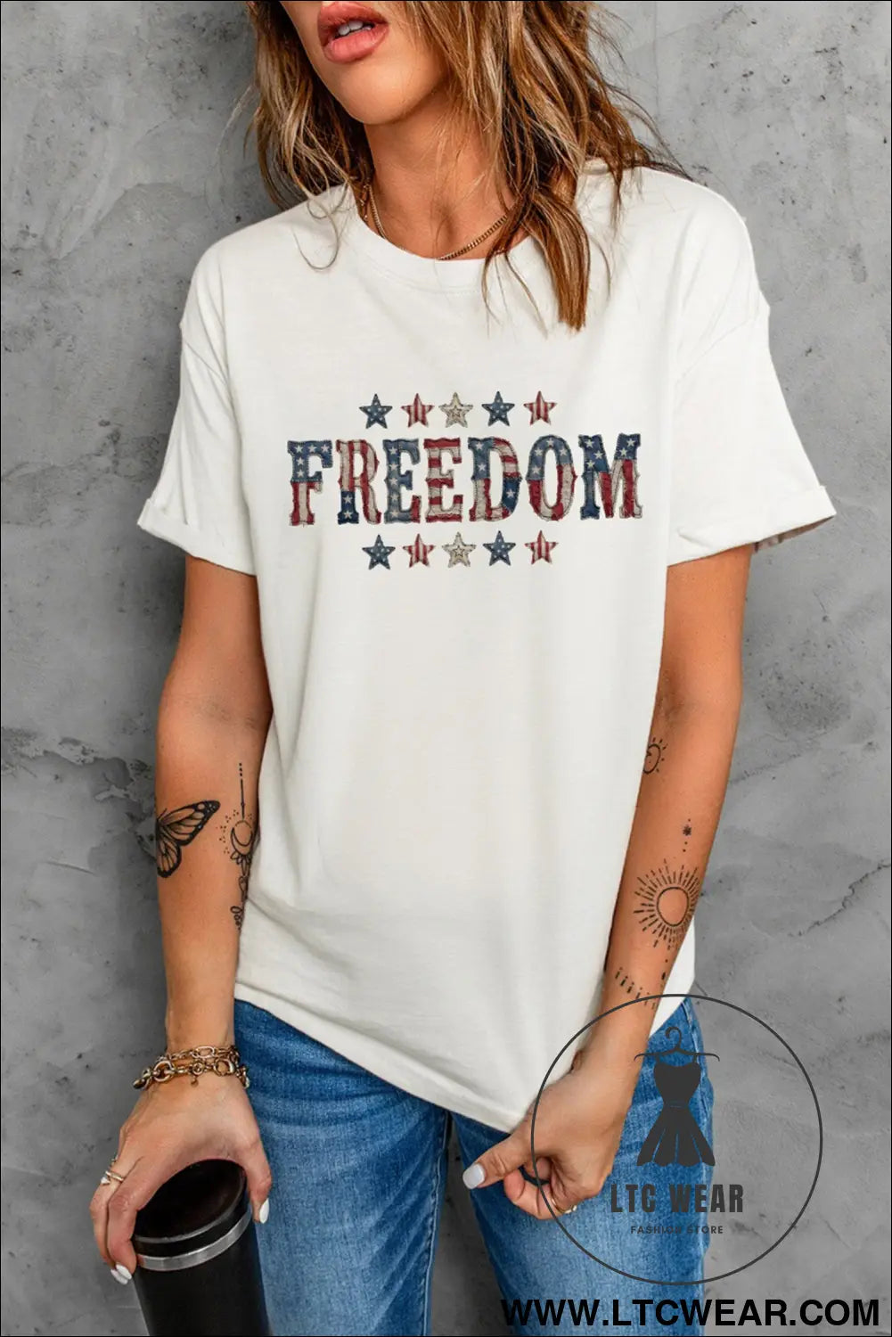 White FREEDOM Patriotic Letter Print Crew Neck T Shirt - L.T.C Wear Online Fashion Store