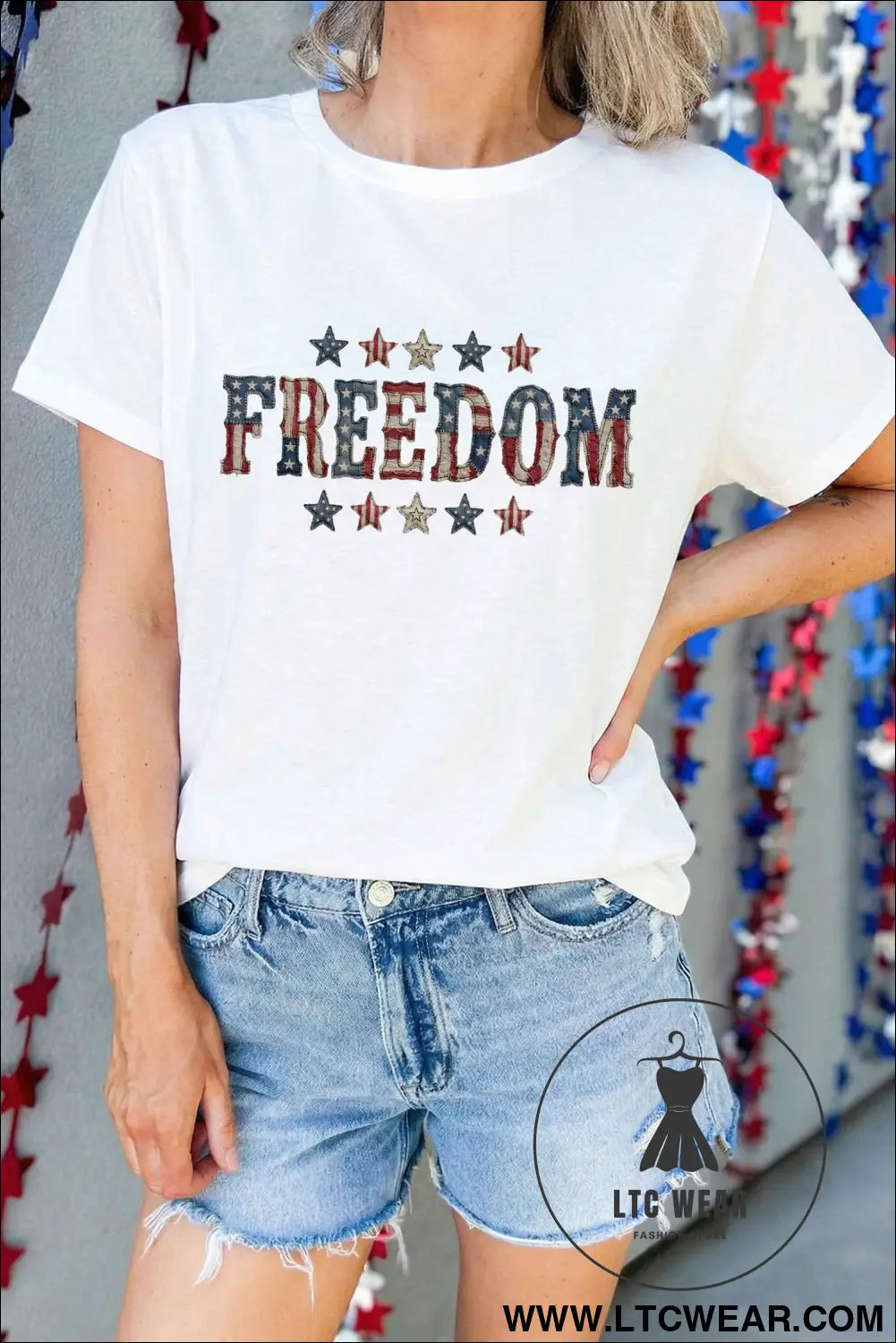 White FREEDOM Patriotic Letter Print Crew Neck T Shirt
