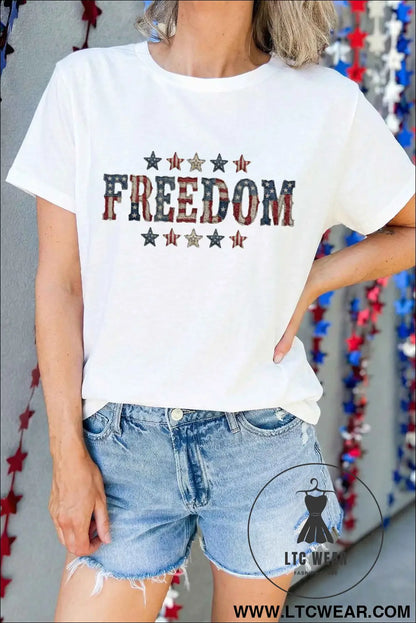 White FREEDOM Patriotic Letter Print Crew Neck T Shirt