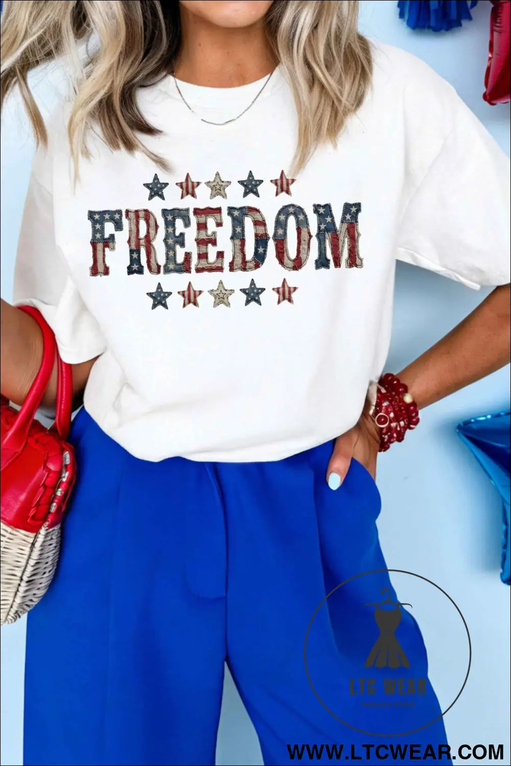 White FREEDOM Patriotic Letter Print Crew Neck T Shirt