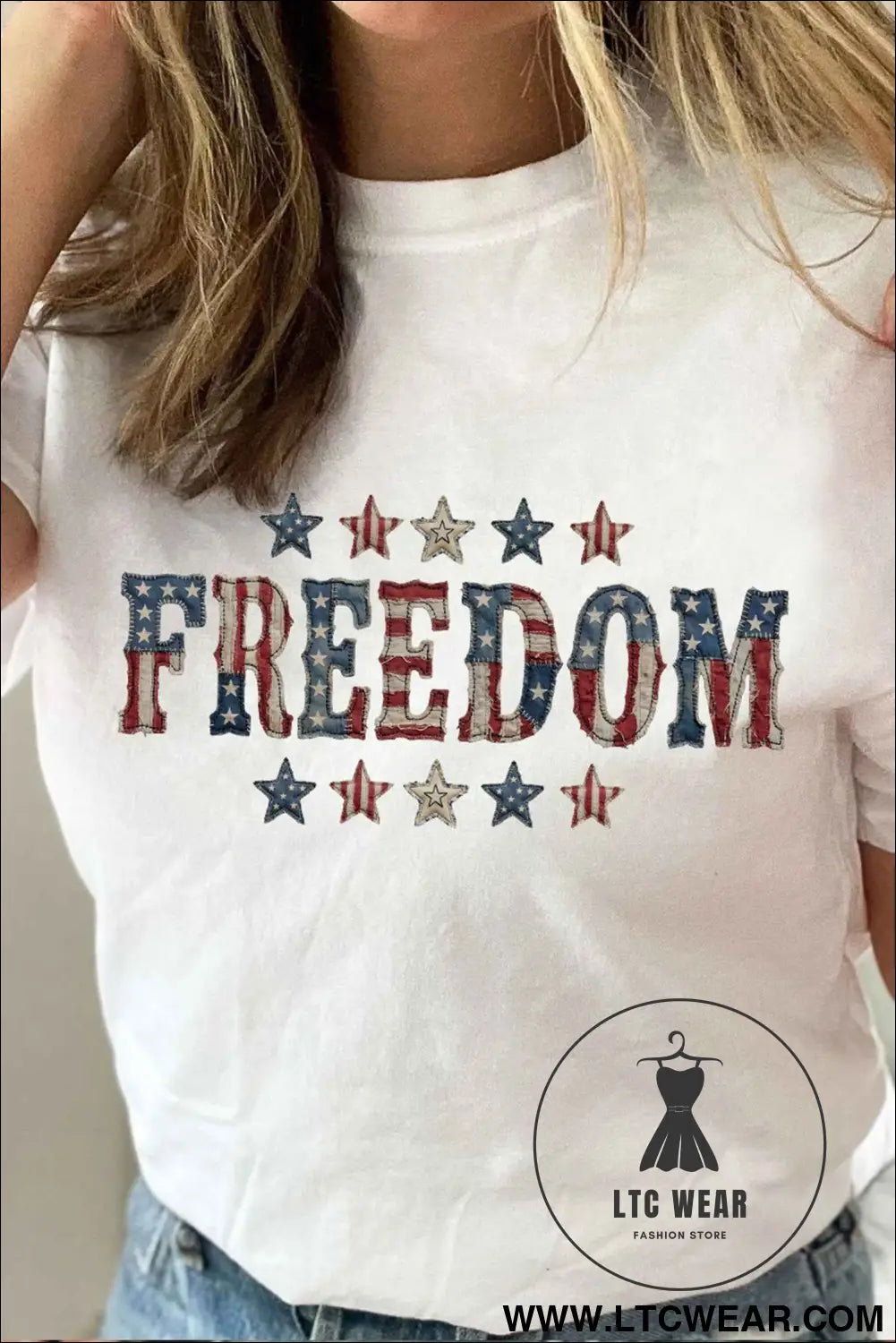 White FREEDOM Patriotic Letter Print Crew Neck T Shirt