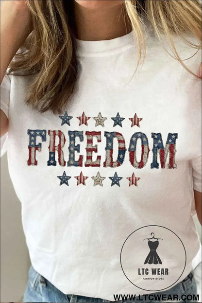 White FREEDOM Patriotic Letter Print Crew Neck T Shirt
