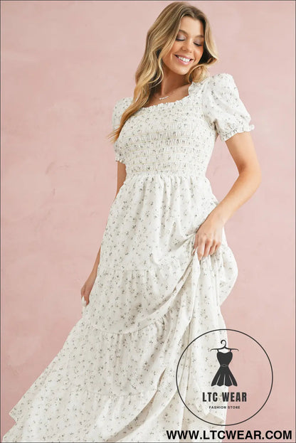 White frill neckline shirred bodice floral maxi dress - 20%