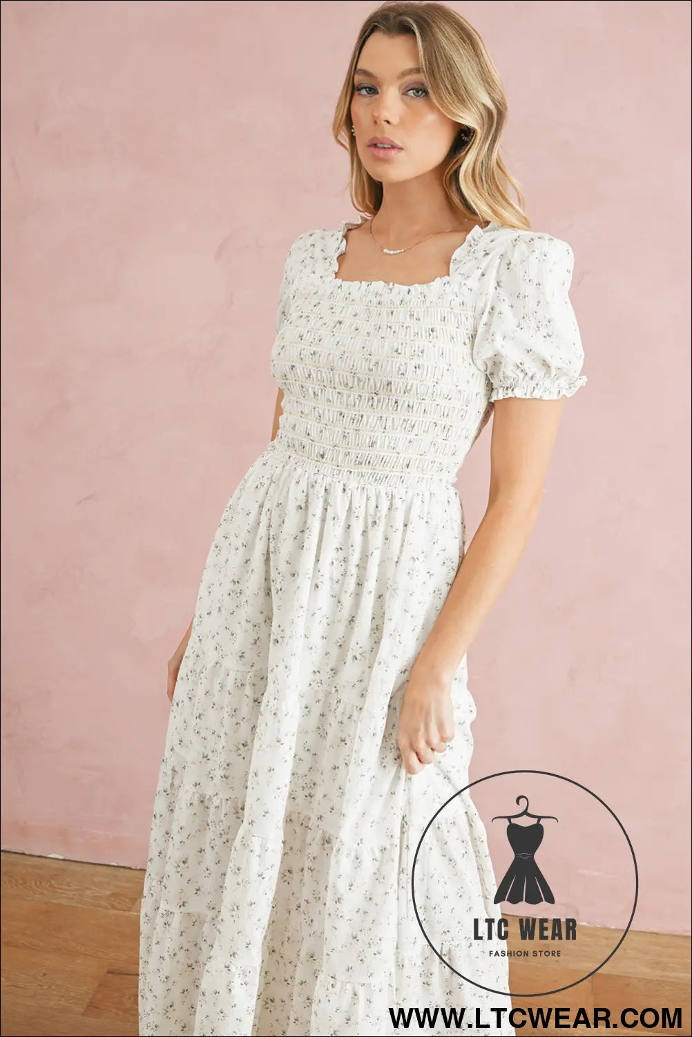 White frill neckline shirred bodice floral maxi dress - 20%