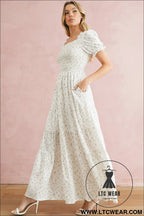 White frill neckline shirred bodice floral maxi dress - 20%