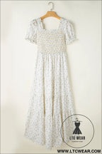 White frill neckline shirred bodice floral maxi dress - 20%