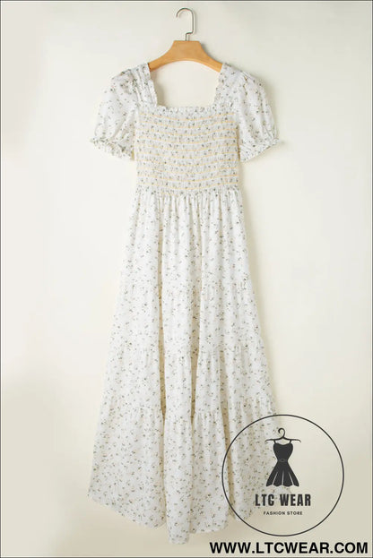 White frill neckline shirred bodice floral maxi dress - 20%