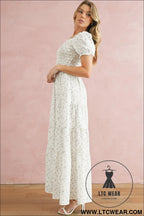 White frill neckline shirred bodice floral maxi dress - 20%