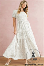 White frill neckline shirred bodice floral maxi dress - 20%