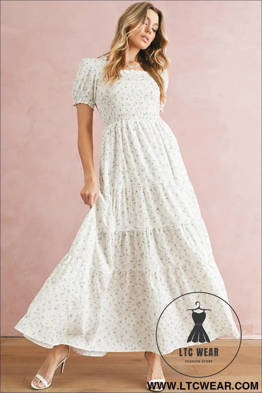 White frill neckline shirred bodice floral maxi dress - 20%