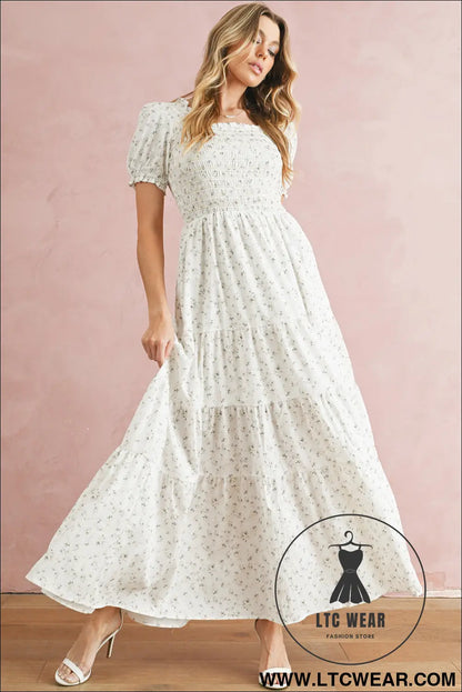 White frill neckline shirred bodice floral maxi dress - 20%