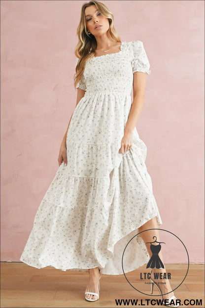 White frill neckline shirred bodice floral maxi dress - 20%