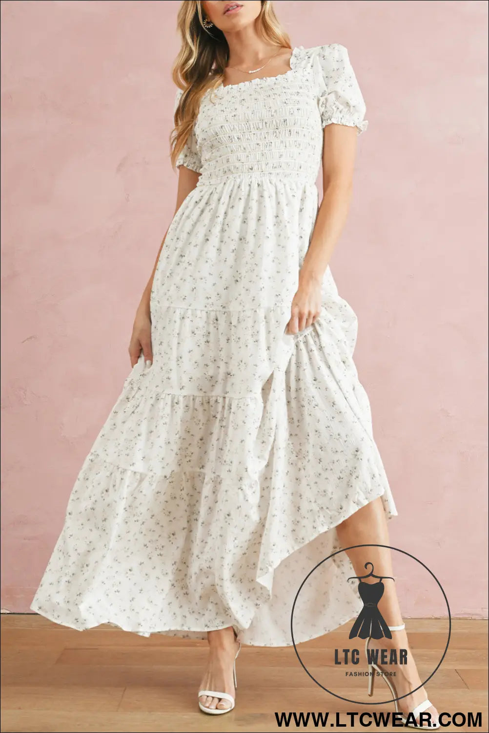 White frill neckline shirred bodice floral maxi dress - white / l / 100% polyester - 20%