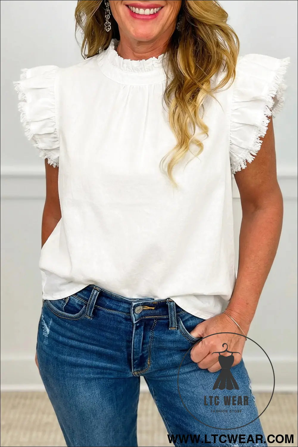 White frilled collar flutter sleeve denim top - white / l / 74.7% cotton + 16.5% polyester + 8.8% regenerated fibre