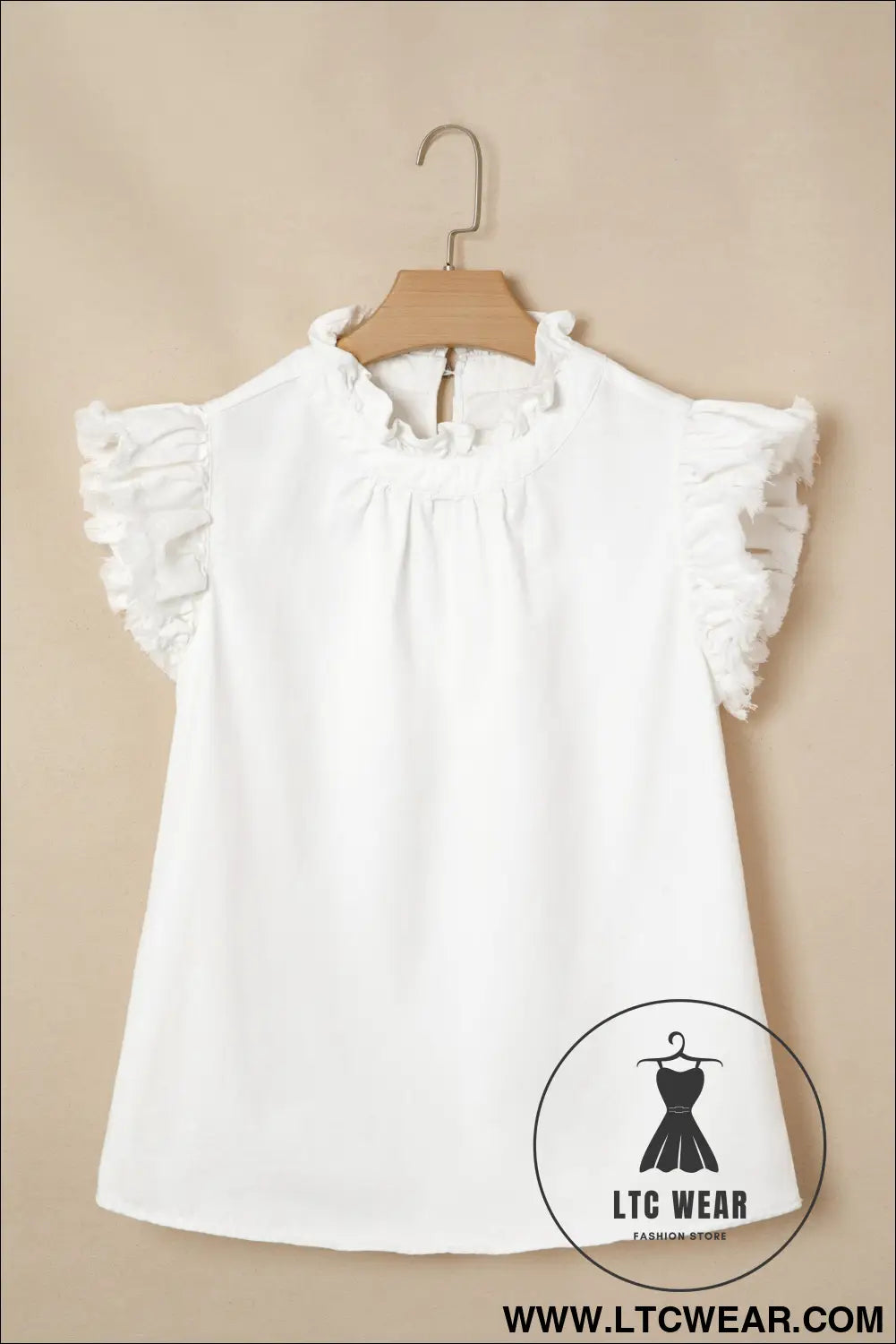 White frilled collar flutter sleeve denim top - tops & tees