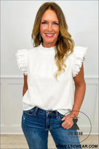 White frilled collar flutter sleeve denim top - tops & tees