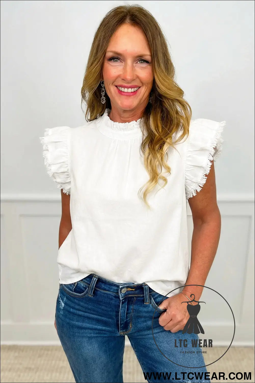 White frilled collar flutter sleeve denim top - tops & tees