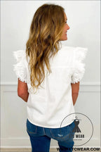 White frilled collar flutter sleeve denim top - tops & tees