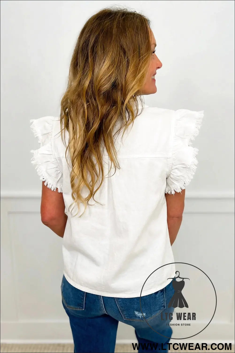 White frilled collar flutter sleeve denim top - tops & tees
